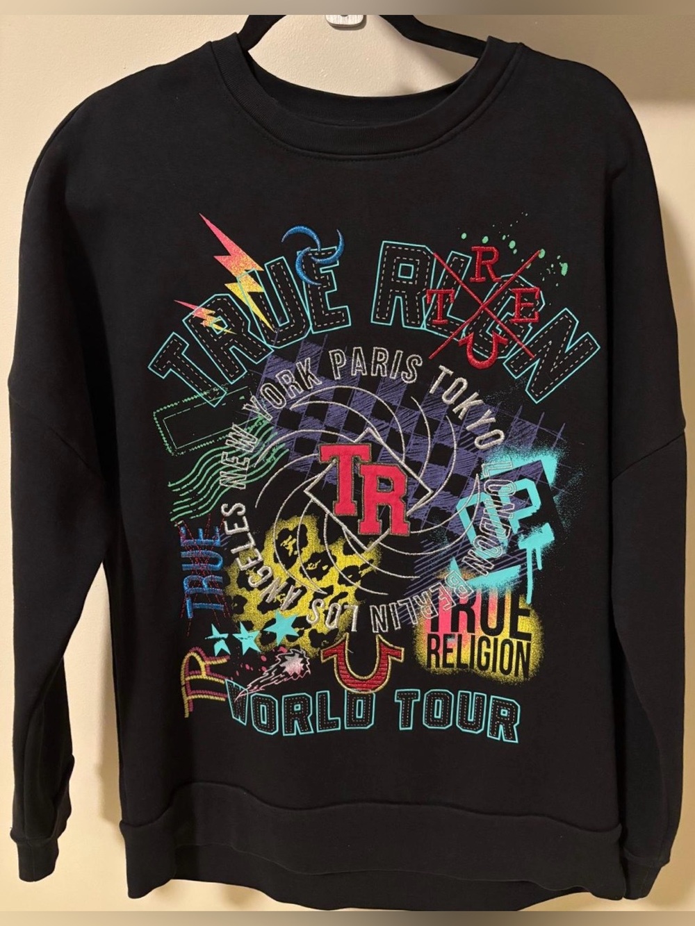 True Religion Women’s World Tour Black Crewneck Sweatshirt with Horseshoe Logo